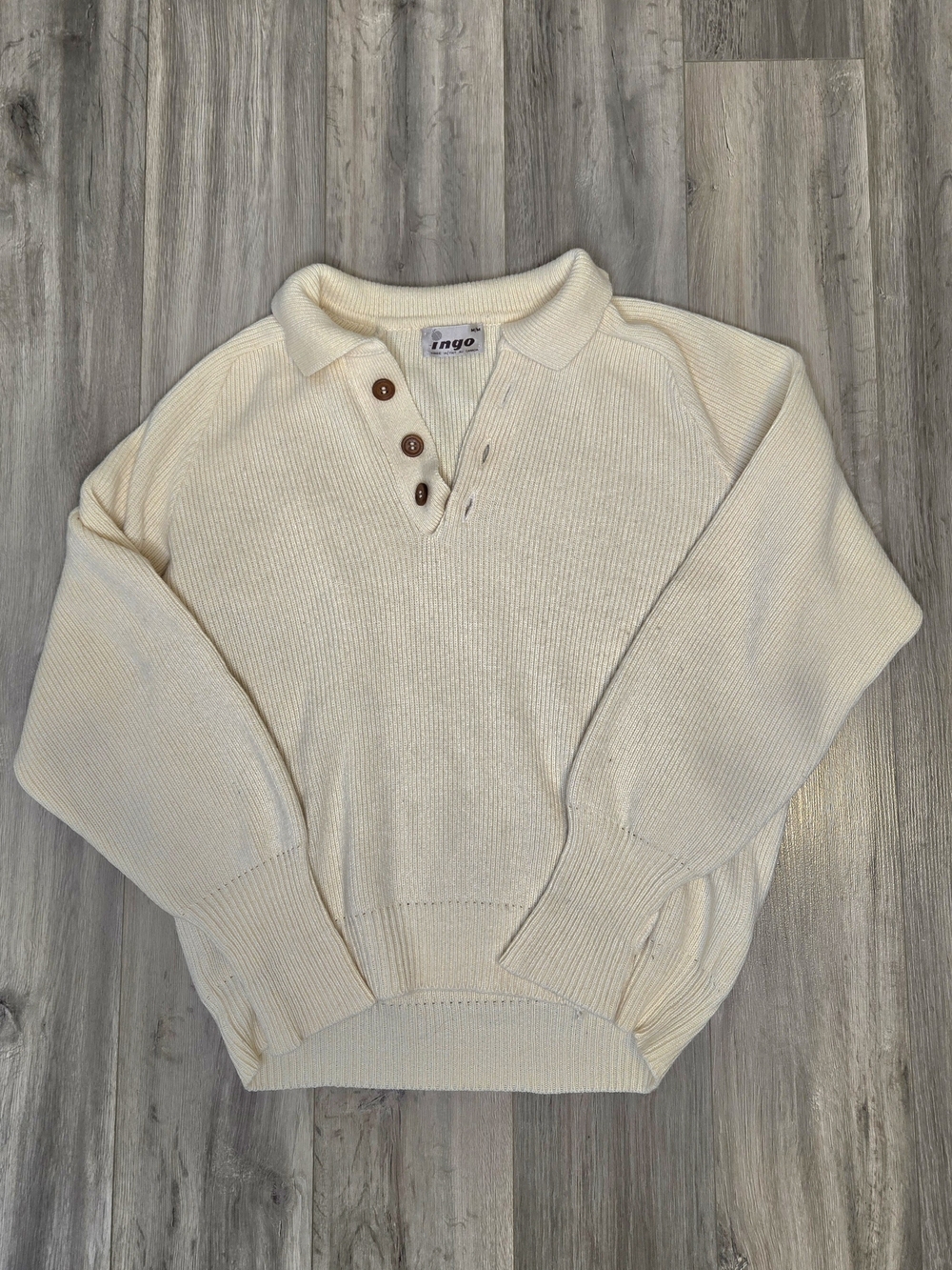 Ingo Cream Ribbed V-Neck Pullover with Button Placket